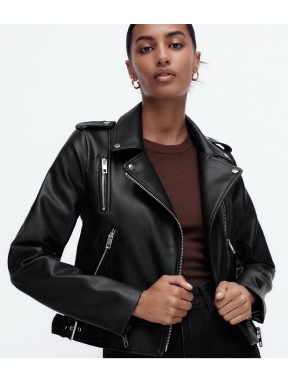Zara Black Faux Leather Moto Jacket Biker Zip Jacket Women’s Large NWT